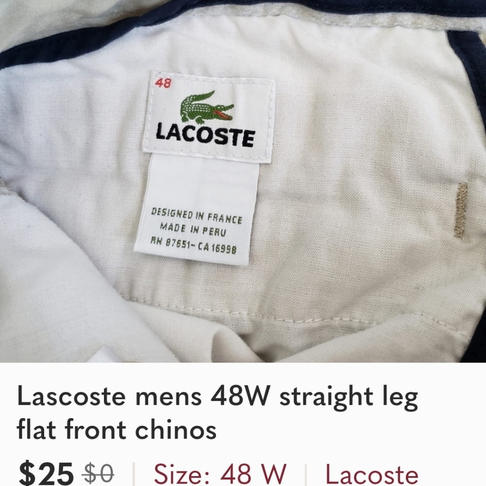 Lascoste mens 48W straight leg flat front chinos